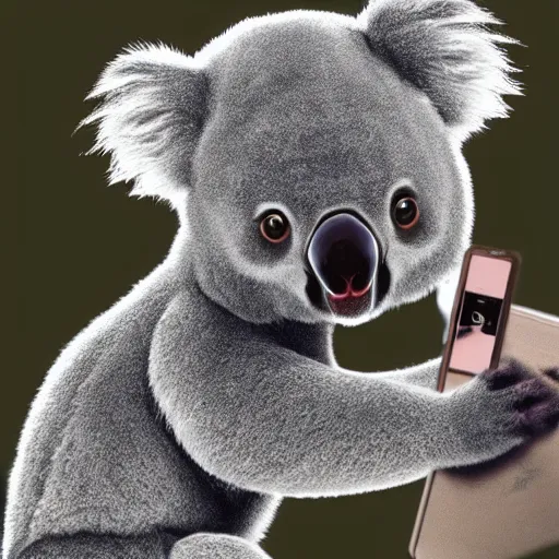 Prompt: a photorealistic koala bear taking a selfie with cute hearts floating around
