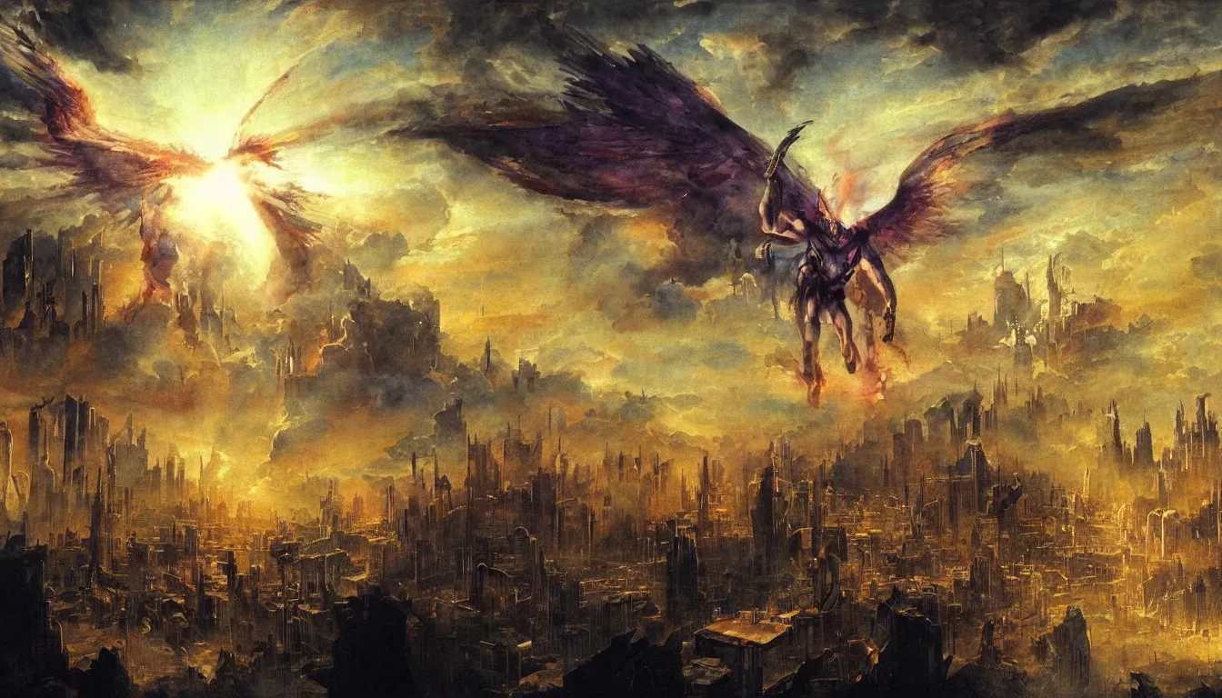 Prompt: apocalyptic painting of Satan descending from the sky over a cyberpunk metropolis, by John Martin, watercolour, soft light, high detail