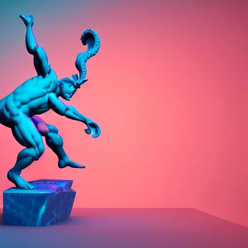 Prompt: unreal engine octane render houdini hyperreallistic render 8k marble statue of the bull minotaur vaporwave blue and pink neon background