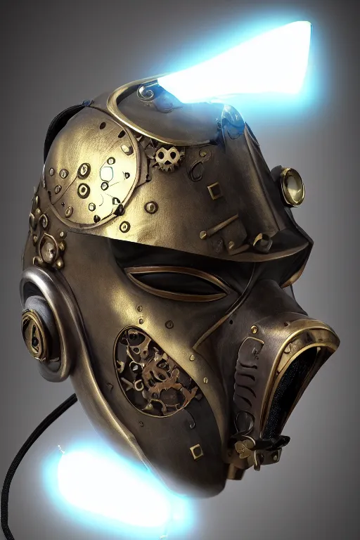 Image similar to steampunk mask minimalist fantasy art robot ninja helmet, global illumination ray tracing hdr fanart arstation by sung choi and eric pfeiffer and gabriel garza and casper konefal radiating a glowing aura