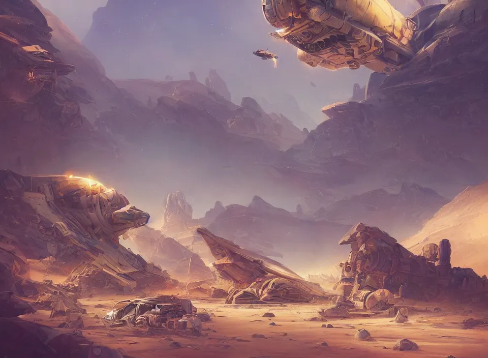 Image similar to gigantic dieselpunk space ship crash landed on desert planet by peter mohrbacher, firefly, unreal engine 5, extreme detail, hyper realism, realistic shading, cinematic composition, realistic render, octane render, detailed textures, photorealistic, colorful, raytracing