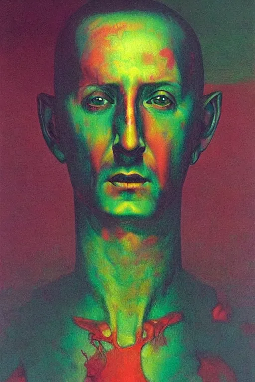 Image similar to portrait of chester bennington colourful shiny beautiful harmony painting by zdzisław beksinski