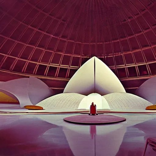 Image similar to interior of a futuristic lotus temple space station with gold, red and white marble panels, by buckminster fuller and syd mead, intricate contemporary architecture, photo journalism, photography, cinematic, national geographic photoshoot