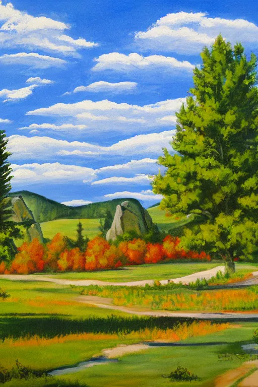 Image similar to bob ross painting of big rock okotoks alberta