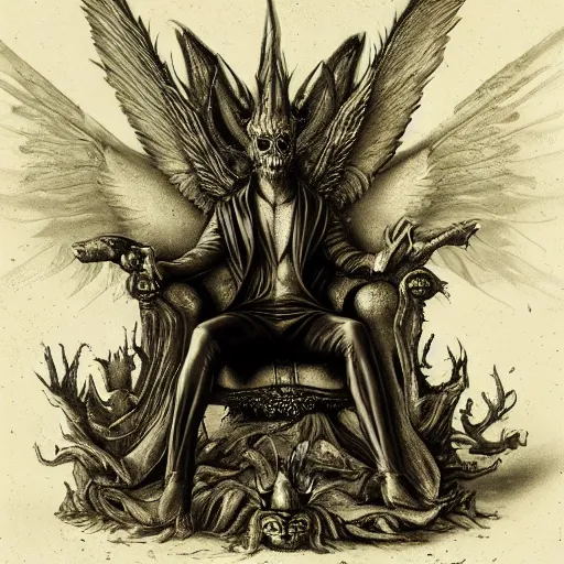 Prompt: lucifer, lord of flies sitting in he's throne, realism, a lot of details, scary, epic, high definition