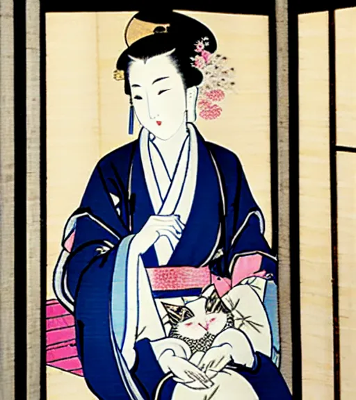 Image similar to madonna the singer in a beautiful kimono holding in her hand a fan, sitting on the floor next to a black and white playing cat, in the background a folding screen with blue irises and a window with bamboo. in the style of bijin - ga.