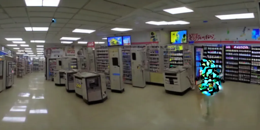 Image similar to abandoned robot android factory in a convenience store, damaged camcorder video