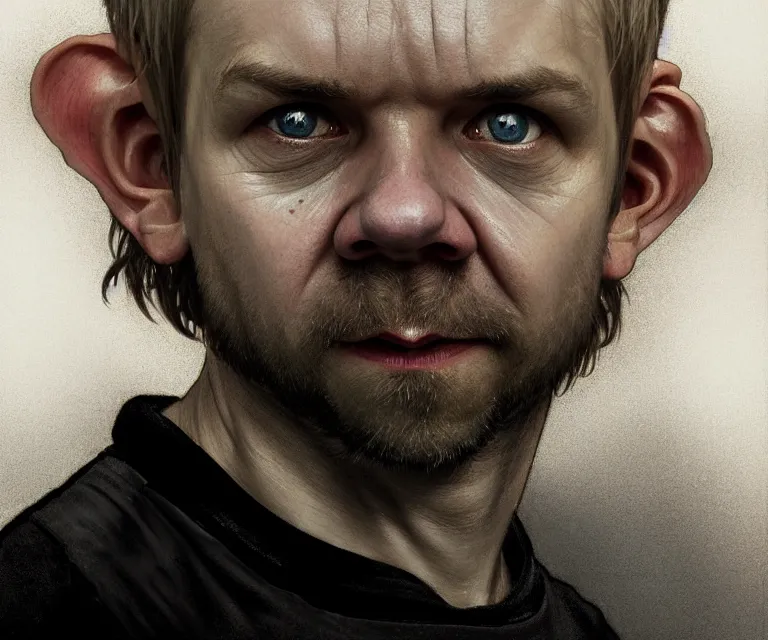 Image similar to a detailed fifty mm portrait of dominic monaghan as a hobbit in a black adidas track suit with white stripes, headshot, highly detailed, digital painting, artstation, concept art, sharp focus, cinematic lighting, illustration, art by met mangindaan, artgerm and greg rutkowski, alphonse mucha, cgsociety