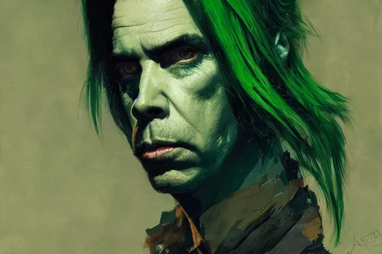 Prompt: a portrait of nick cave with green hair, masterpiece, dramatic lighting, stunning painting by jakub rebelka