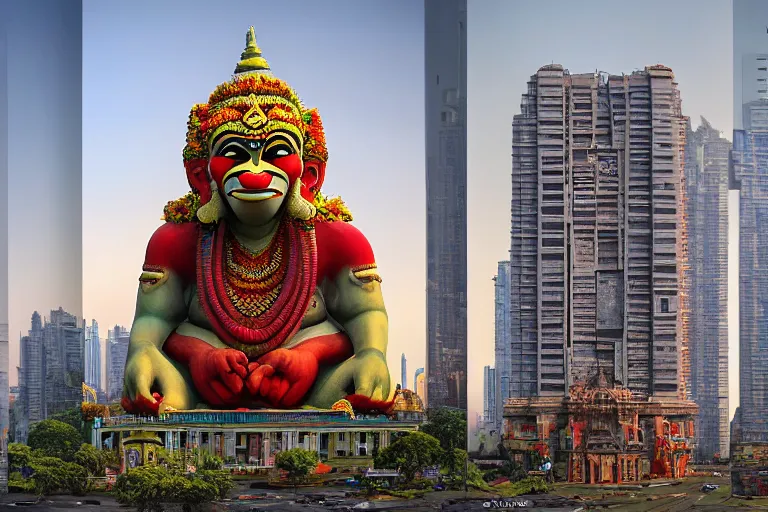 Prompt: high quality 3 d dreamscape! biomorphic hanuman head building in the middle of mumbai!!, kalighat highly detailed, cinematic smooth, stephen shore & john j. park, soft morning light, wide shot, high angle, uhd 8 k, deep focus