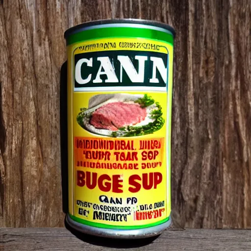 Prompt: Product photo for can of bug soup, extremely tasty, now with more meat