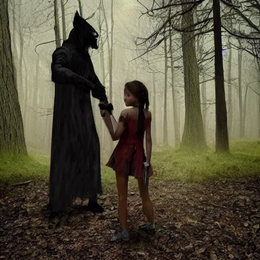 Image similar to Little girl with katana meets werewolf in the woods, spooky, creepy, scary, dark, misty