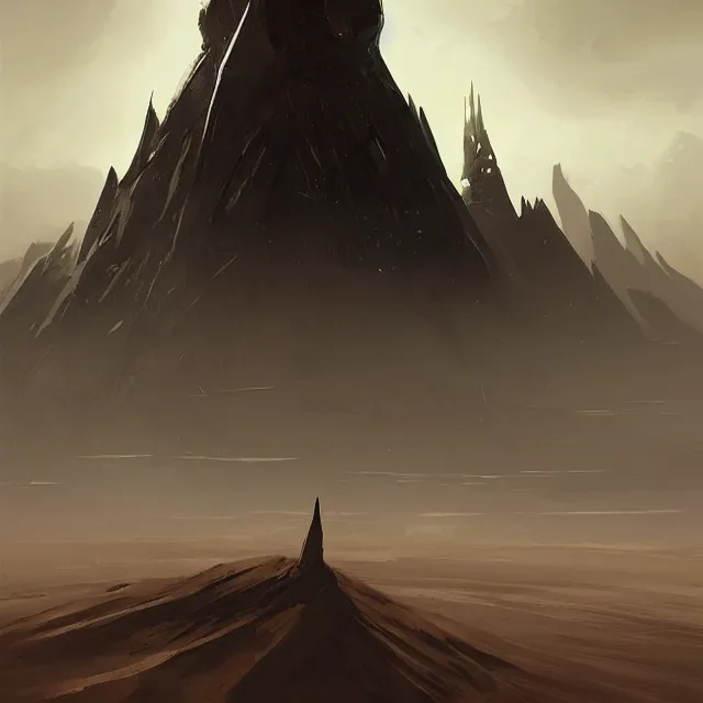 Image similar to a black spire rising up out of a desolate desert, by greg rutkowski, concept art, sci - fi concept art, cinematic lighting, highly detailed artwork, trending on artstation, movie concept art