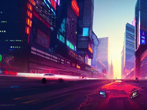 Image similar to a cinematic busy cyberpunk street in a mega city packed with flying vehicles, large mega corp buildings dominate the skyline at dusk by nick hiatt, unreal engine trending on artstation