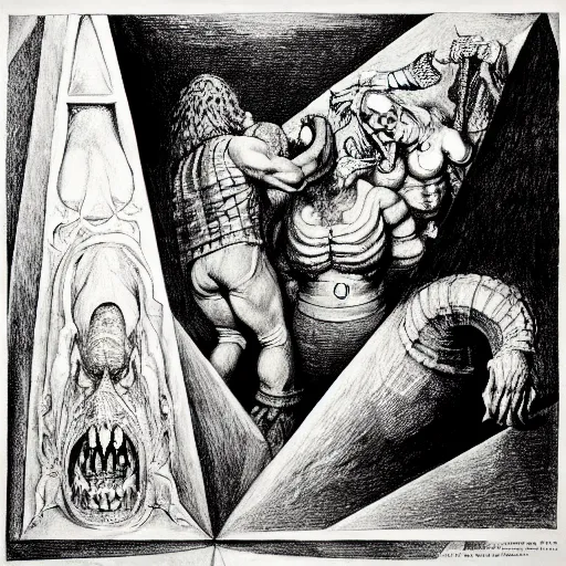 Image similar to dungeon and dragons lithography on paper ( ( secret artefact ) ) conceptual figurative ( post - morden ) monumental dynamic portrait drawn by ( ( ( william blake ) ) ) and goya and hogarth, inspired by escher, illusion surreal art, highly conceptual figurative art, intricate detailed illustration, controversial poster art, polish poster art, geometrical drawings, no blur