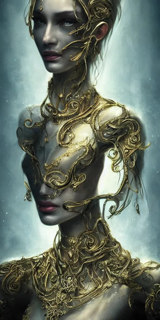 Image similar to realistic character concept of creature fantastic with lots of jewelry in the face, elegant pose, scifi, illustration, slender symmetrical face and body, artstation, cinematic lighting, hyperdetailed, cgsociety, 8 k, high resolution, charlie bowater, tom bagshaw, insanely detailed and intricate, beautiful, elegant, golden ratio, dark fractal background, vfx, postprocessing