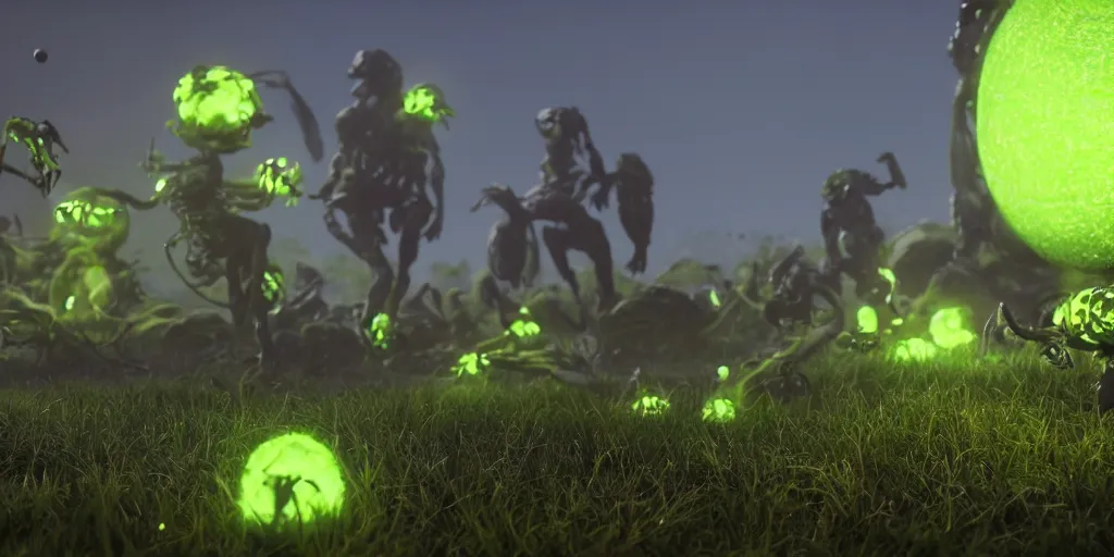 Image similar to a cinematic poster photo of 8 k ultra realistic tennis ball monsters, exotic, cinematic lighting, trending on artstation, 4 k, hyperrealistic, focused, high details, unreal engine 5, cinematic, alien planet atmosphere in background