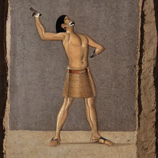 Image similar to Egyptian drawing of a man using a shake weight, ancient, photorealistic