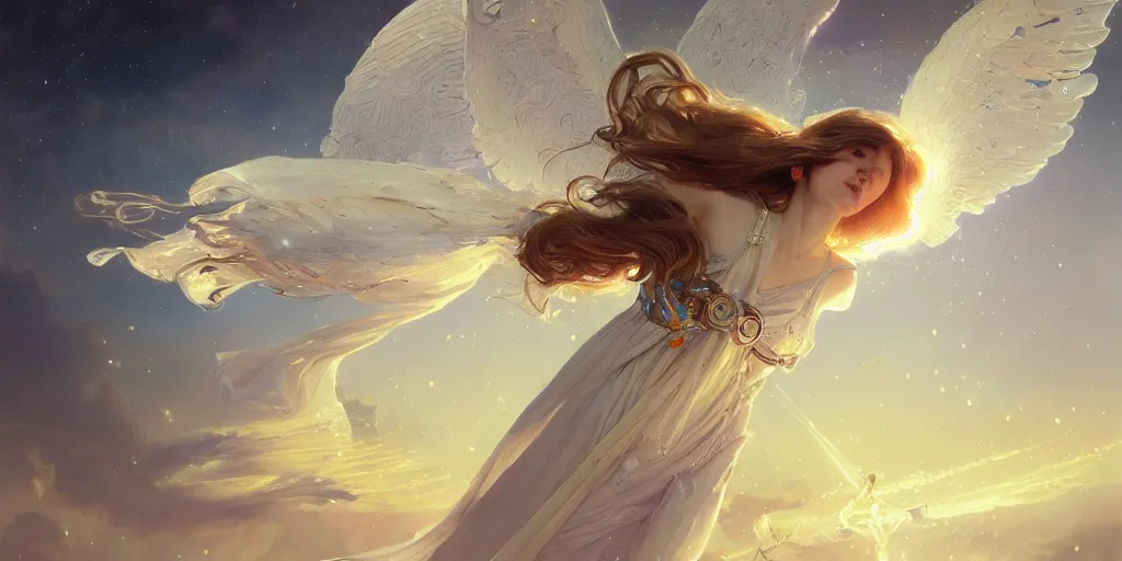 Image similar to robotic angel falling from heaven, girl, beautiful, intrinsicate detail, 4 5 degree angle, la creazione, cosmic clouds, unreal engine, redshift, sword, highly detailed, digital painting, artstation, concept art, sharp focus, illustration, art by greg rutkowski and alphonse mucha