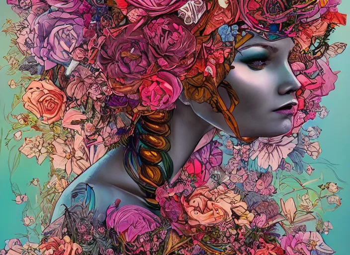 Prompt: a painting of a beautiful cyborg girl with a lot of flowers and plants on its head, poster art by android jones, behance contest winner, generative line art, made of flowers, grotesque, concert poster