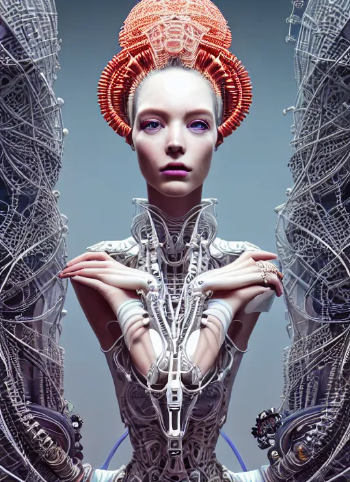 Image similar to portrait of an absurdly beautiful, graceful, sophisticated, fashionable cyberpunk mechanoid, hyperdetailed illustration by irakli nadar and vania zouravliov, matt wisniewski style, intricate linework, white porcelain skin, faberge, coral reef headdress, unreal engine 5 highly rendered, global illumination, radiant light, detailed and intricate environment