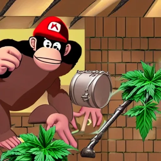 Image similar to Donkey Kong smashing down weed into large silver bags with a wooden mallet