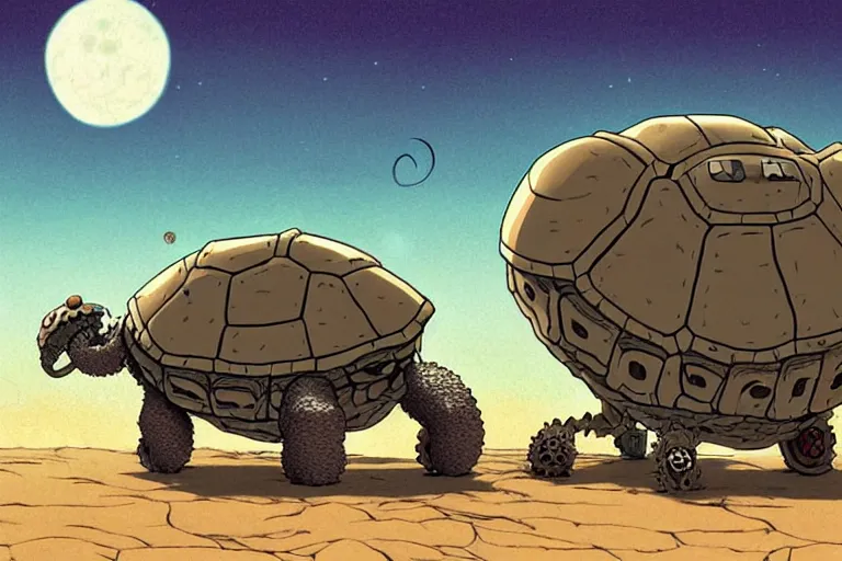 Image similar to a cell shaded cartoon of a lovecraftian mechanized turtle from howl's moving castle ( 2 0 0 4 ), on a desert road, in front of a full moon, full body, wide shot, very muted colors, post grunge, studio ghibli, laurie greasley, highly detailed, deviantart, art by artgem