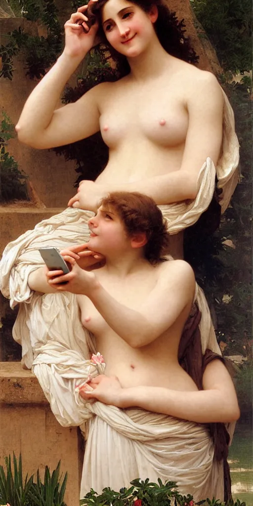 Prompt: Painting of Aphrodite smiling at a text she just received on her smartphone. Art by william adolphe bouguereau. During golden hour. Extremely detailed. Beautiful. 4K. Award winning