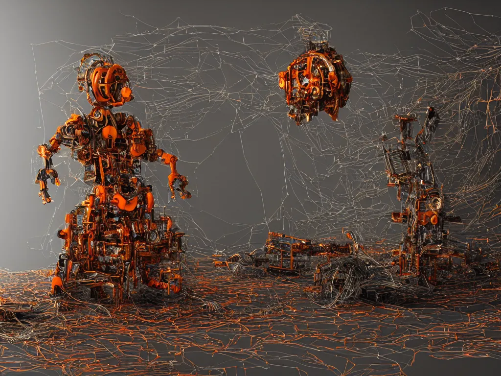 Image similar to a baroque machine, robot god constructed out of modular synthesizer components sits upon a throne cables, wires and discarded components in vast hall, macro photography, long exposure photograph, surrealism, anamorphic bokeh, warm, soft light, orange and teal, caustic, atmospheric fog, octane render, cinematic