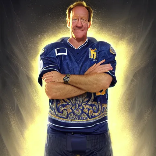 Prompt: beautiful portrait of Phil Housley, the hockey coach, fantasy, intricate, elegant, highly detailed, digital painting, artstation, concept art, smooth, sharp focus, luxury fashion illustration, art by artgerm and greg rutkowski and alphonse mucha, brightly lit cinematic soft lighting, photorealistic