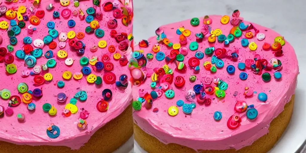 Image similar to hundreds of colorful pins stuck in a piece of pink strawberry cake