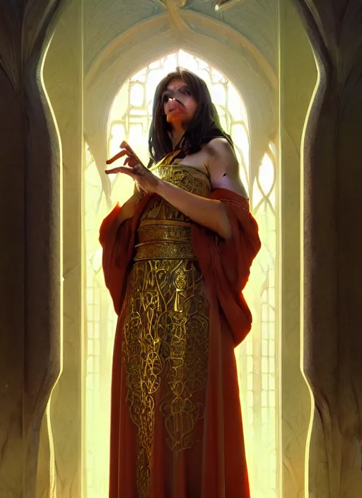 Image similar to portrait of a full body of curvy young female solarpunk priestess in byzantine robes, fantasy, flat lighting, intricate, highly detailed, digital painting, artstation, concept art, smooth, sharp focus, illustration, art by simon bisley and greg rutkowski and alphonse mucha, natural tpose