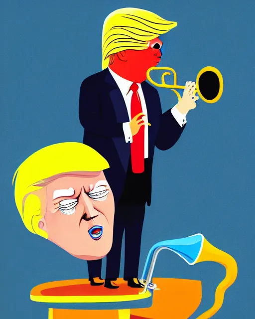 Image similar to painting portrait of trump with trumpet hair, cartoon, warm lighting, trump has hair as a trumpet, trumps hair is coming out as trumpet. movie poster, illustration by bartek fedyczak, erak note, tooth wu, neil richards, kan liu, siwoo kim, jisu choe, trending on art station