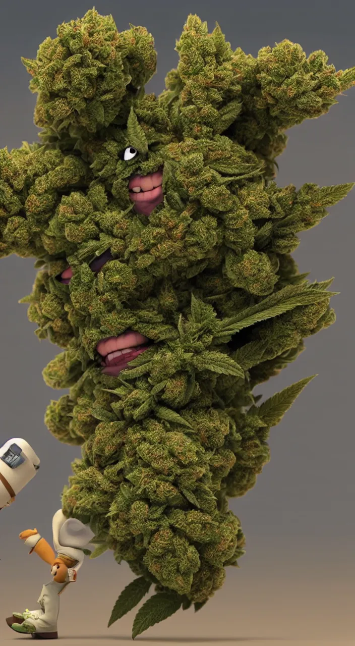 Image similar to funny marijuana character made from a bud, like iamgrout, in an 8k render, photorealistic, with high detail, rendering with octane + ray tracing - illumination, very sharp, ultra sharp, focused