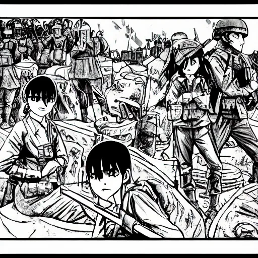 Image similar to manga style, thick line art, portrait of girl, under artillery fire, trench sandbags in background, soldier clothing, short hair, hair down, symmetrical facial features, marvel comic, detailed drawing, cartoonish, trending in japan, by professional artist masashi kishimoto and naoki urasaw