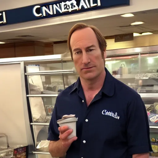 Prompt: gene ( bob odenkirk ) working at cinnabon, better call saul