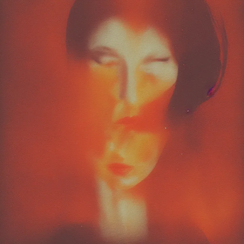 Image similar to a woman's face in the water, serene emotion, new polaroid, glitchy patterns, hazy, red, orange, yellow, soft lighting