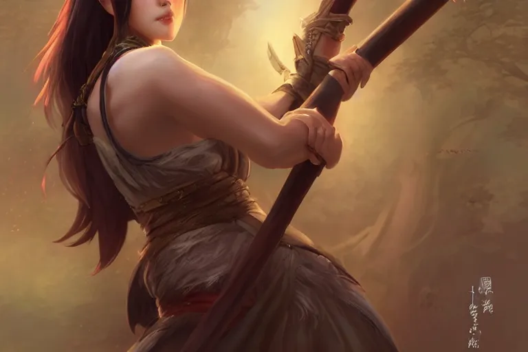 Prompt: beautiful cinematic fantasy poster, asian woman side view using a bokken in forest ; by artgerm ; wayne n reynolds art station ; cinematic quality character render ; high quality ac - h 9 6 0