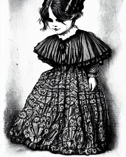 Image similar to little victorian girl, black ink on paper, trending on artstation, beautiful, intricate, detailed