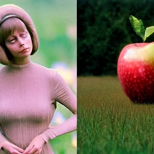 Prompt: a 1 9 7 7 beautiful woman and a 3 d rendering of an anthropomorphic apple in a meadow, color film still 1 9 7 7, tarkovsky