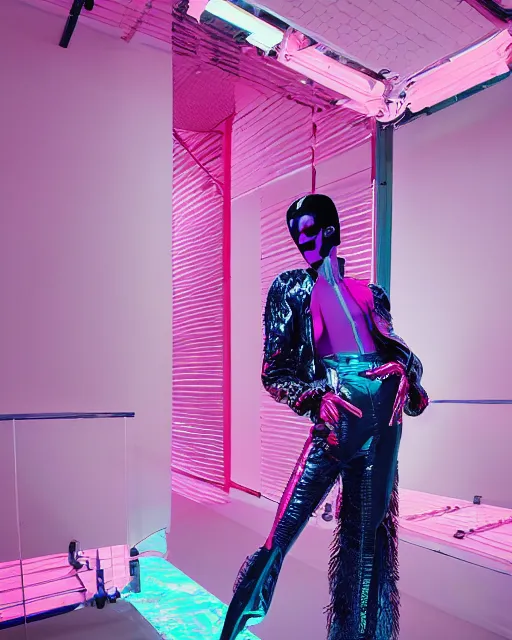 Image similar to an award winning fashion photograph of Balenciaga's fashion week 2049 campaign by Catherine Opie and Hajime Sorayama, Demna Gvasalia, cyberpunk, futuristic, Bladerunner 2049, dazzle camouflage!, dayglo pink, dayglo blue