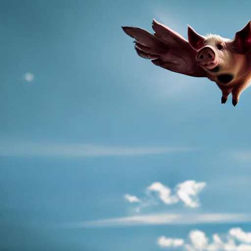 Image similar to pig flying over romanian village with angel wings in a blue sky, bokeh, dramatic lighting