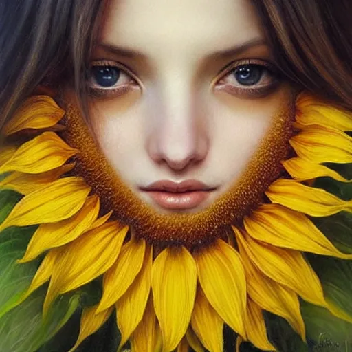 Image similar to a girl slowly walking through amazing tall sunflower field, hair flowing, early morning lighting, elegant, subtle, intricate details, real masterpiece, oil on canvas, by karol bak, ayami kojima, artgerm, smile, concept art, fantasy