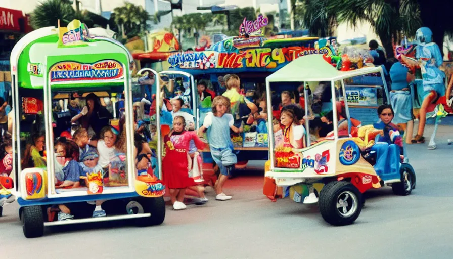 Prompt: 1990s photo of inside the Boring News Grown up errands ride at Universal Studios in Orlando, Florida, children riding on tiny ice cream truck go-carts through a mall, slime monsters, business men, cinematic, UHD