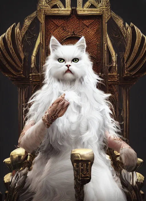 Image similar to An epic fantasy comic book style portrait painting of a white persian cat queen in throne, unreal 5, DAZ, hyperrealistic, octane render, cosplay, RPG portrait, dynamic lighting