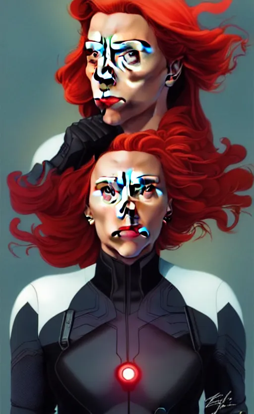 Prompt: rafeal albuquerque comic art, joshua middleton comic art, artgerm, cinematics lighting, night time, pretty scarlett johansson black widow, big smirk, symmetrical face, symmetrical eyes, long red hair, full symmetrical body, flying in the air, jumping off rooftop