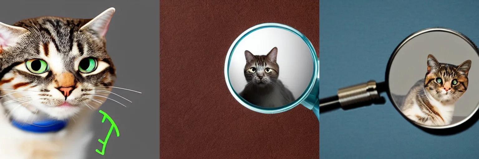 Prompt: a magnifying lens held over an illustration of a cat revealing a tick on cat's ear