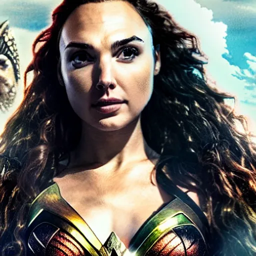 Prompt: an potrait of gal gadot cast as Mera from Aquaman, photorealistic, high detail, full body shot.