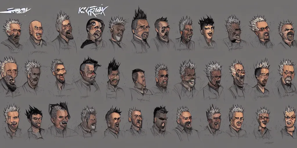 Image similar to guy fieri, character sheet, concept design, contrast, kim jung gi, greg rutkowski, zabrocki, karlkka, jayison devadas, trending on artstation, 8 k, ultra wide angle, pincushion lens effect