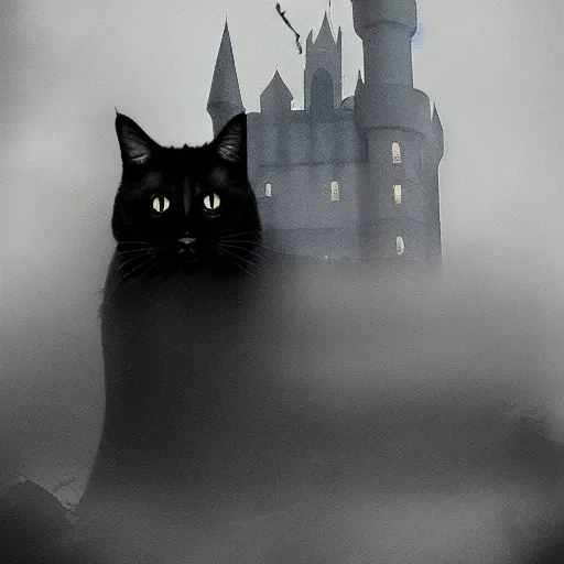 Image similar to a dark vallcy with a huge gloomy castle, fog. a little boy and a black cat